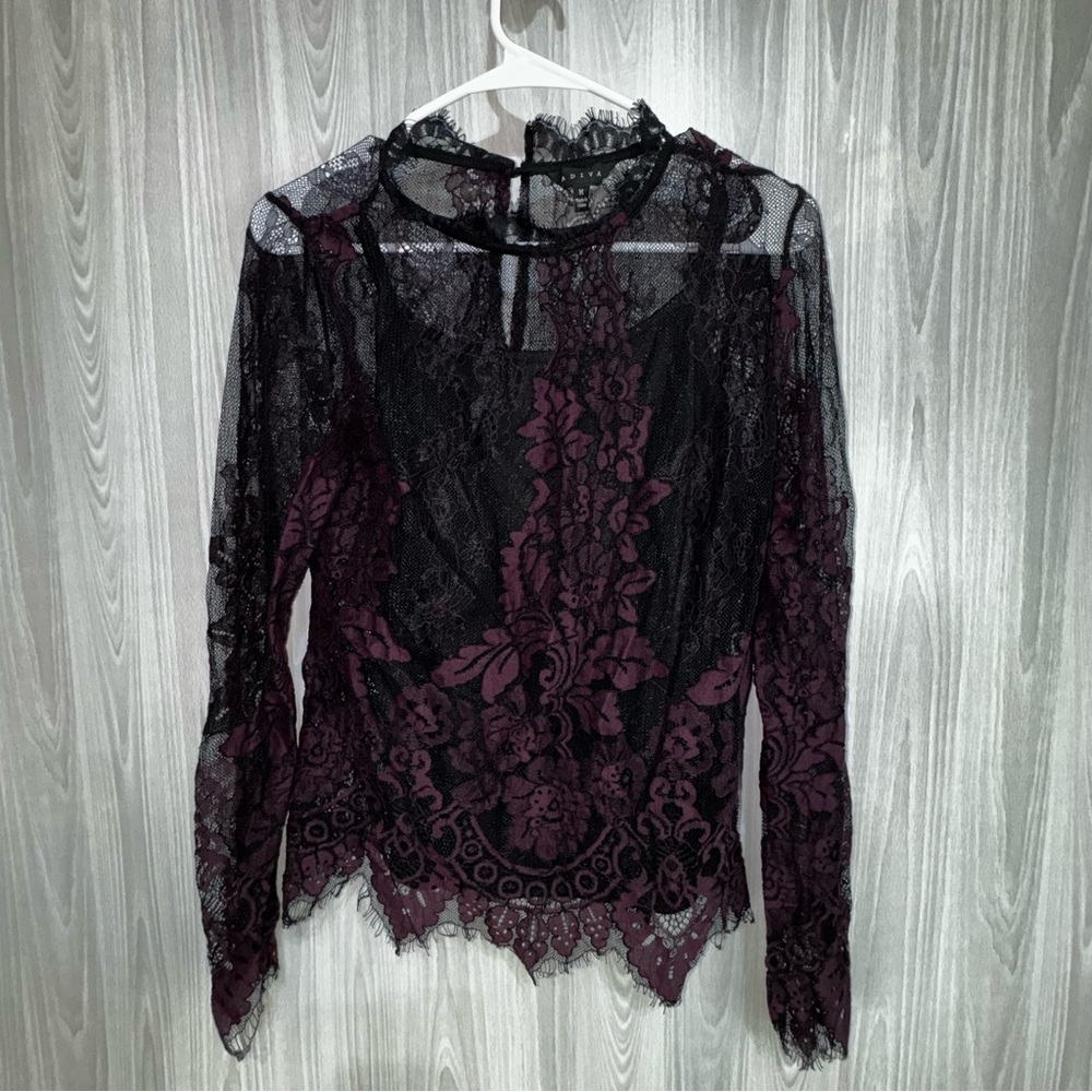 Floral Lace‎ High Neck Sheer Mesh Long Slve Blouse A Diva Size M Scalloped Hem